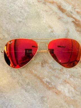 Ray-Ban Gold Frame Aviator Sunglasses with Red-Orange Mirrored Lenses